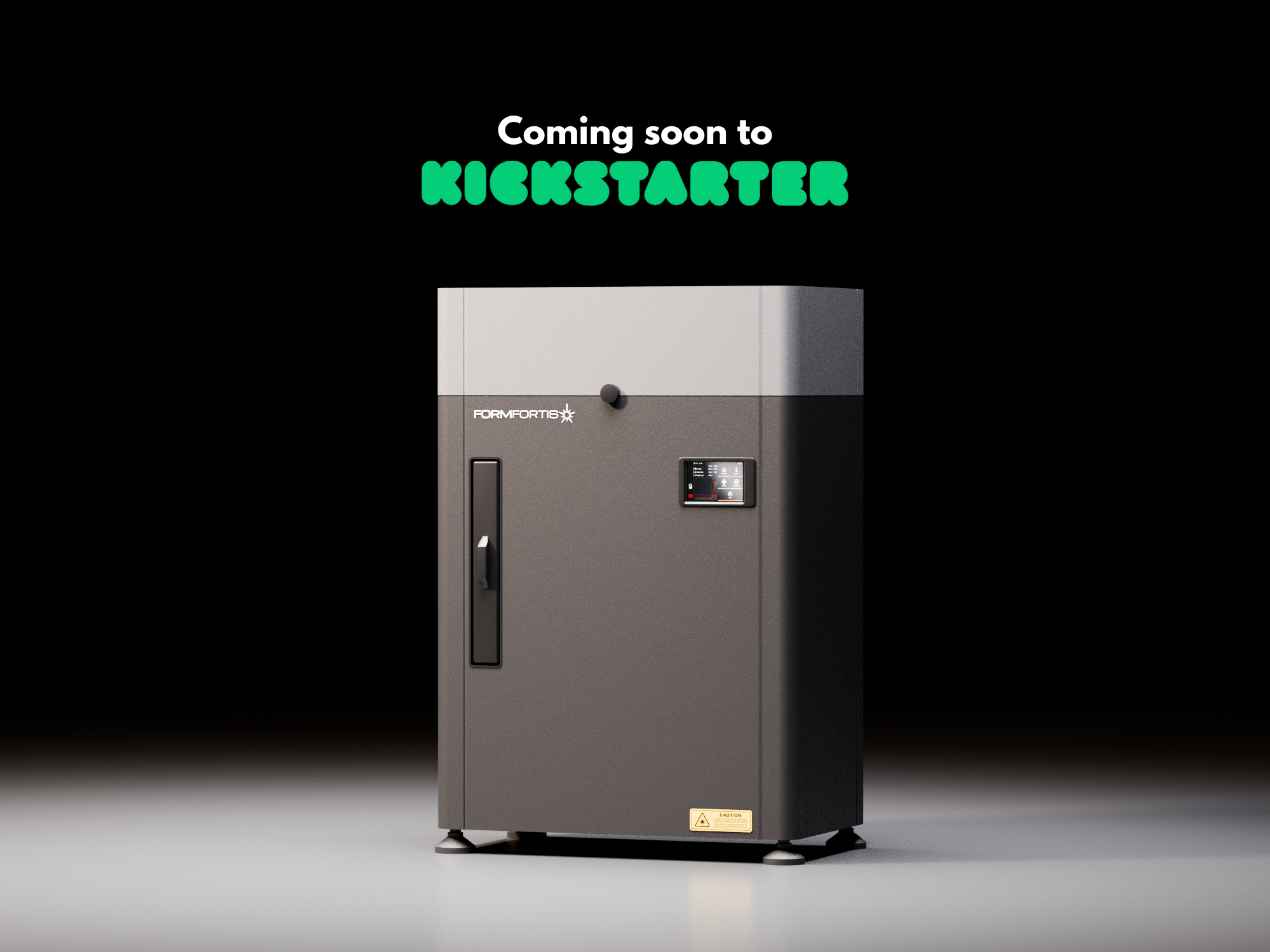 Desktop SLS 3D Printer on a dark background with a coming soon to kickstarter banner.